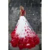 Et quinceanera avec des pièces deux robes blanches rouges fleurs faites à la main applique une ligne en pleine longueur concours de bal de bal sweet 15 robes vestidos de 16 brithday fête