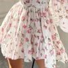 الموضة النسائية الأزهار طباعة مصغرة فستان الصيف طويل الأكمام العميقة v الرقبة عالية الخصر A-LINE STREET نمط S-XL 240415