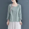 Blouses voor vrouwen herfst Chinese stijl o nek lange mouw shirt vrouwen vintage elegante schuine openingsknop katoenpullovers 2024