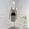 Work Dresses Women High Quality Vintage Chain-straps Tweed Crop Top And Striped Pencil Skirt Two Piece Set 2024 Latest