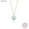 Hängen CCFJOYAS 925 Sterling Silver Geometric Octagonal Star Pendant Necklace For Women Simple Sky Blue Zircon ClaVicle Chain Chain Chain