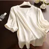 Women's T Shirts Satin Casual T-shirts Summer Solid Colours Tees Short Sleeves Loose Women Tops Silk V-necks Clothing YCMYUNYAN