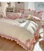 Roze kawaii beddengoed set prinses ruches beddeksels volledige set gewassen katoenen quilt deksel kussensloop decor slaapkamer 240416