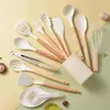 Dinnerware Sets 14 12 Pieces Utensils Set Complete Beater Wooden Handle Tableware Non-Stick Silicone Cutlery For Christmas Camping