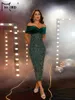 Casual jurken Missord Green Pargin Midi Jurk Elegante vrouwen Velvet Off Schouder Backless Bodycon Party Prom