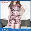 Partykleider 5pcs Großhandel Gegenstände für Boutique Frauen 2024 Sommer Sexy Print Kurzarm O-Neck Quaste Robe Street Y2K M13524