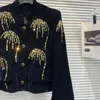 Damenjacken Modesmodische runde Nacken Langarm schwarze Jacke für Frauen 2024 Frühling Pailletten Stickerei