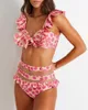 Damskie stroje kąpielowe moda ruffy bikini projektant stroju kąpielowego seksowna wycięcie dwa kawałki damskie kostium kąpielowy push up letnie talia plażowe