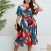 Basic Casual Dresses Women Midi Dress Colorblock Bright Color O Neck Short Sleeves Belted Tight Waist A-line Loose Hem High Waist Lady Party Dress