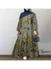 Casual klänningar Muslimsk bomull och linne tryckt rund nackknapp Bubble Långärmad gummiband manschetter fashionabla löst kvinnor klänning