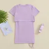 의류 세트 아기 의류 여자 여름 의상 단단한 짧은 소매 티셔츠와 드리 링 루치 슬리빙 드레스 어린이 옷