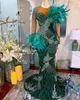 Aso Ebi 2024 Green Dark Sirène Prom Robe Crystals de plumes Crystals Lace Soirée formelle Fête Deuxième réception 50e anniversaire Robes de fiançailles