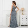 Runway Dresses Yidingzs Grey Sequin V Neck aftonklänning Sexig slitsparty Maxi Dress Women Long Prom Dress 18968 Y240426