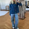 Vêtements ethniques Chic en denim Longue chemises à manches longues pour femmes Lace Up Business Casual Tops Loose Femme Blouses Pocket Jean Jacket 2024