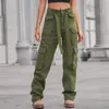 Kvinnors jeans tvättade denim Multi-Pocket Casual Cargo Pants Solid Lace-Up High midje Fashion Loose Straight-benbyxor