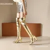 女性のための膝の上のブーツファッションブロックヒールゴールドシルバーメタリックキラキ