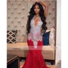 Sequin Mermaid Red Prom Sparkly Dresses 2024 Sier Crystal Beaded Sheer Neck Long Formal Party Evening Gowns For Black Girls 0304