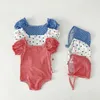 Endelar sommar baby baddräkt med badmössa ett stycke hjärttryck flickor badkläder småbarn bad strandkläder h240509