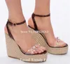 PVC Patchwork Rhinestones Diamonds Straw Wedge Sandals Open Toe Silver Gold Leopard High Rope Platform Wedges Party Heels 240423