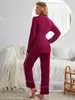 Women's Sleepwear Solid Women Pajama Set Wrap V Neck Long Slves Waist Belt Top Long Pants Slpwear 2 Pieces Female Nightwear Homwear Cloth Y240426