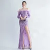 Runway Dresses Yidingzs Off Shoulder Feather paljettklänning Full Slve Evening Night Long Party Maxi Dress Y240426