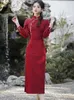 Casual Dresses Women Red Lace Plus Velvet Thick Warm Long Dress Autumn Winter Luxury Elegant Festival 2024 Korean Party And Events