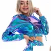 Women'S Hoodies & Sweatshirts Womens Y Cropped Holographic Women Shiny Pu Metallic Hoody Long Sleeve Short Sweatshirt With Dstring Pl Dh7Hw