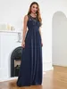 Abiti in passerella una linea Donne Rese Blu Bridesmaid Contrast Contrasto in pizzo in pilota in giro Chiffon Illusione Neck Chiffon e abiti in pizzo Cabernet Y240426