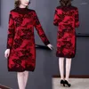 Kvinnors tröjor Autumn Winter Red Sticke Cotton Floral Midi Dress Women Thick Warm Korean Vintage Pullovers 2024 Elegant Bodycon Wool