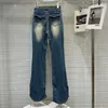 Jeans feminina Prepomp 2024 Summer Collection Ripped Caist Gradient Color Ruched Flare Jeants Women Blue Long GP826
