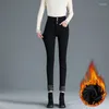 Pantalon féminin automne et hiver super haut-bouton à trois bouts jeans en velours réglable minceur plus haute usure extérieure veau chaud