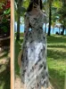 Casual Dresses Spring Autumn Vintage Gray Long Sleeve Fjäril Bandage Dress for Women 2024 French Bohemian Elegant V Neck Backless Robe