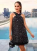 Casual Dresses Idress Women's Sparkly paljett Miniklänning Kvinnor Luxury Shimmer Loose Short Backless Cocktail Party With Fringe Summer 2024