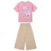 Summer Children Girl 2PCS Clothes Set Junior Colored Bear Short Sleeve TopsWideleg Pants Sets Girls From 412 Years Old 240408