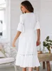 Summer White Long Dress Women Boho Hollow Out Patchwork krótkie rękawie luźne moda moda Casual Elegant Woman 240418