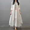 النساء الأنيقة الكتان الأبيض الفساتين البوهيميا طبقات خمر رداء طويل الأكمام فستان فضفاضة كبيرة الحجم الإناث الخريف
