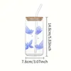 Wine Glasses 16oz Blue Floral Butterfly Pattern With Bamboo Lid Glass Straw Juice Ice Cream Bottle Suitable For Summer Gifts