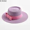 Breda randen hattar hink hattar nya våren/sommaren Str Womens Round Camel Flat Top Bow Dress C Travel Sun Hat Gorra J240425