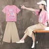 Summer Children Girl 2PCS Clothes Set Junior Colored Bear Short Sleeve TopsWideleg Pants Sets Girls From 412 Years Old 240408