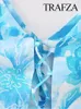 Trafza Floral Imprimé Blue Vestskirt Two-Piece Set pour les femmes 2024 STRAP CRARDÉ SUMBRE SLIM HIGH TAIN