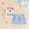 衣料品セットPudcoco of 7月4日幼児の男の子の衣装レターパターン半袖TシャツTops Checkerboard Shorts 2PCS衣服セット0-3T