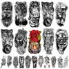 Kgmt Tattoo Transfert Black Forest Tattoo Sticker for Men Women Enfants Tiger Wolf Death Skull Tatouage temporaire faux squelette au henné squelette roi animal Tatoo 240426