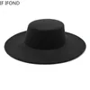 French Womens Hat Big Wide Brim 10CM Fedora Hat Winter Wool Derby Wedding Jazz Hats Flat Top Felt Hat 240425