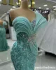 2024 Mint Prom Dresses for Black Women Sheer Neck Illusion Beaded Lace Rhinestones Decorated Birthday Party Dress Second Reception Gowns Engagement Gown AM779