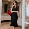 Party Dresses Lace Dress Women Luxury Sheer See Through Hook Flower Hollow Wrap Slim Midi Trumpet Robe Femme Sexy Retro Vestidos Summer