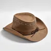 Breda randen hattar hink hattar nya % läder västra cowboy hatt tjurformade dekor panama hattar för män reser riddare country hatt sombrero hombre y240425