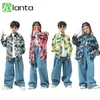 Kläder set Lolanta Children's Street Dance Girls Retro Floral Shirt Jeans Set Students Boys 'Jazz Hip Hop Performance Outfit Casua