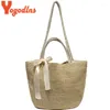 Evening Bags Woven Women Straw Bag Summer Shoulder Ribbon Bowknot Handle Beach Handbag Female Big Drawstring Casual Tote