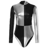 Stage desgaste feminino Bodysuit metálico Bloco colorido de manga longa collant shiny mock pescoh gatsuith zipper invisível traseiro clubwear