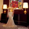 2024 Luxus Gold Prom Kleider für schwarze Frauen Promdress Illusion Hochhals Strasssteine Kristalle dekorierte Paillettenspitzen -Geburtstagskleid Zweite Empfangskleid Am775
